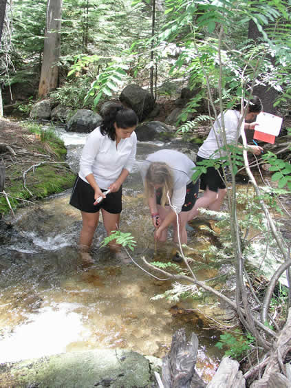 girls sampling creek